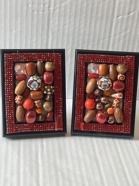 Beaded Red and Brown Decorative Wall Jewelry Art- Set of 2 Hand Crafted